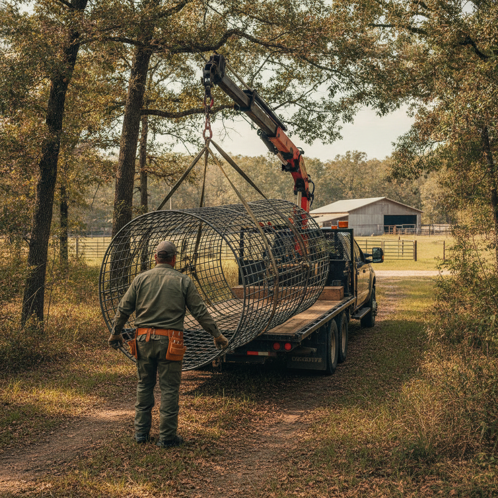 Create a realistic, professional service-business photograph showing Hog Trap Delivery from behind, with the backs of their heads visible. Do not show any faces, facial features, front-facing views or side views, profiles, or identifiable p
